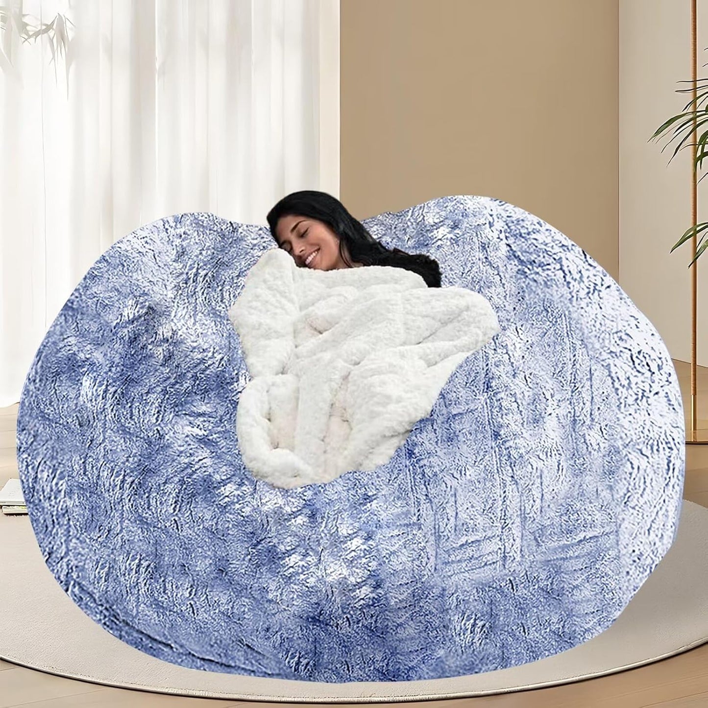 BCU 6FT Bean Bag Chair for Adults and Kids Without Filler Giant Stuffed Animal Storage Cover Soft Faux Fur Floor Chair Cover for Bedroom Living Room, Silver Blue