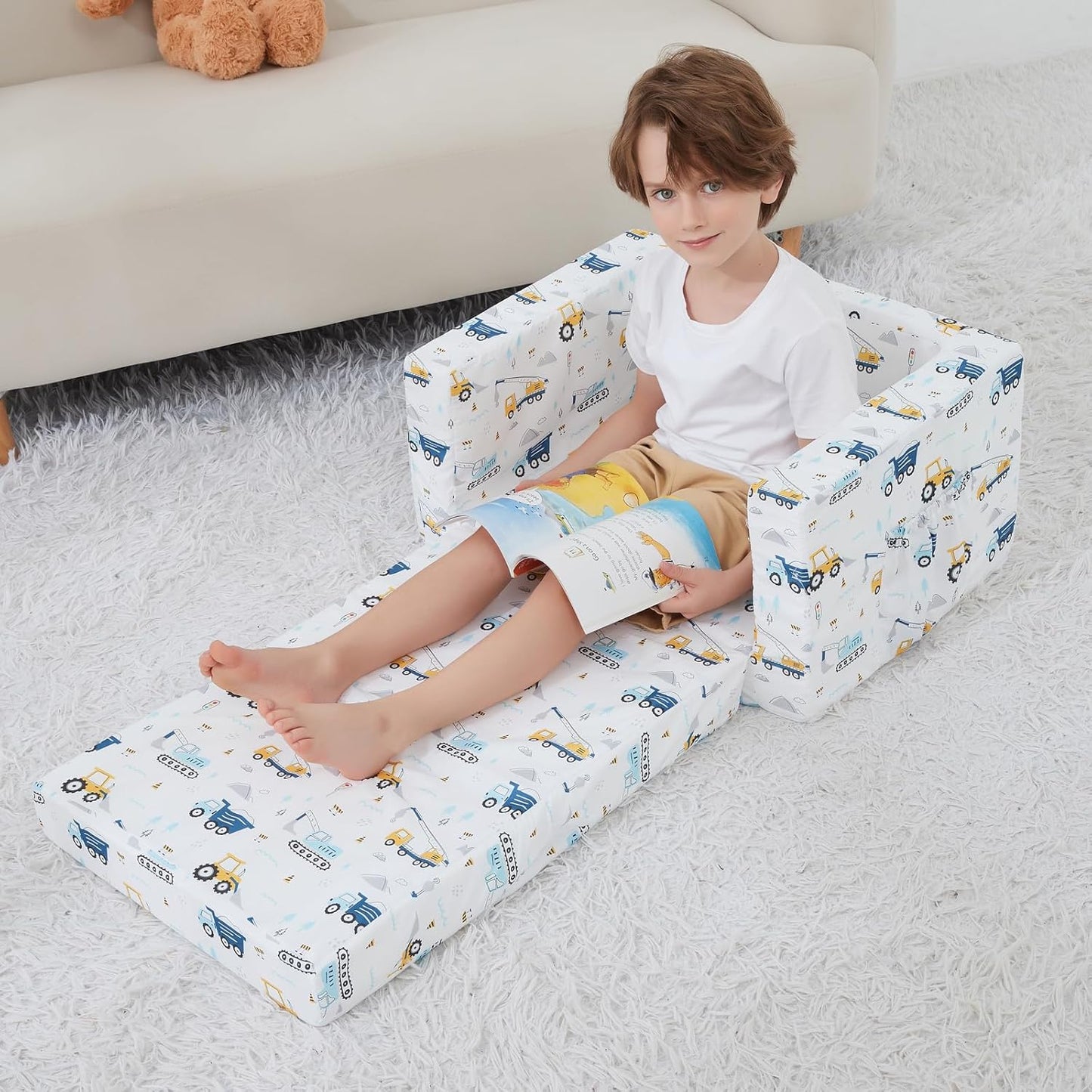 Viviland Kids Chairs for Toddler,2-in-1 Soft Toddler Couch Fold Out,Convertible Soft to Lounger Toddke Chair Comfy for Girls and Boys,White Bottom Excavator