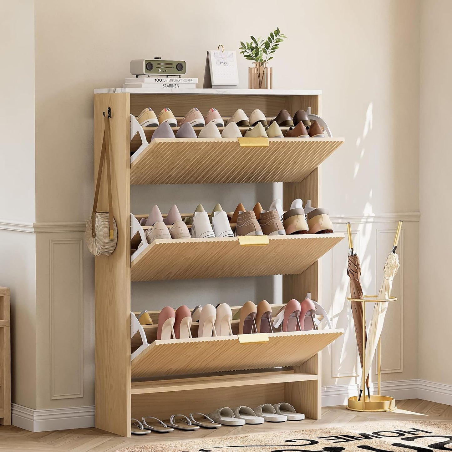 IRONCK Shoe Storage Cabinet with 3 Flip Drawers, Fluted Shoe Cabinet Storage for Entryway, Free Standing Wooden Shoe Organizer Cabinet for Hallway, Natural Oak