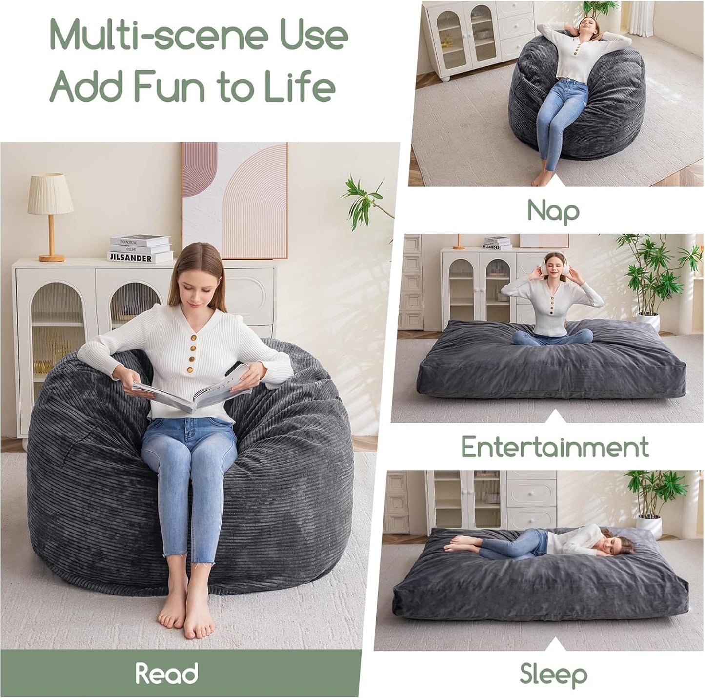 HIGOGOGO Giant Bean Bag Chair Bed for Adults,Convertible Beanbag Folds from Lazy Chair to Floor Mattress Bed,Large Floor Sofa Couch for Adult,Couples,Family,High-Density Foam Filling, Machine Washable