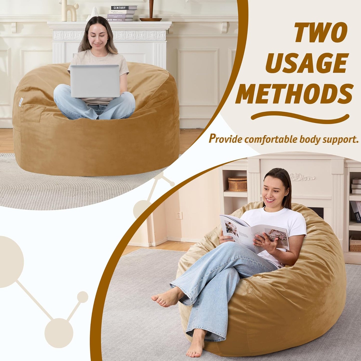 3FT Bean Bag Chair with Ultra Soft Velvet Cover Bean Bag Sofa with Memory Foam Bean Bag Chairs with Large Size Lazy Sofa for Dorm Office Living Room Bedroom Camel 3'