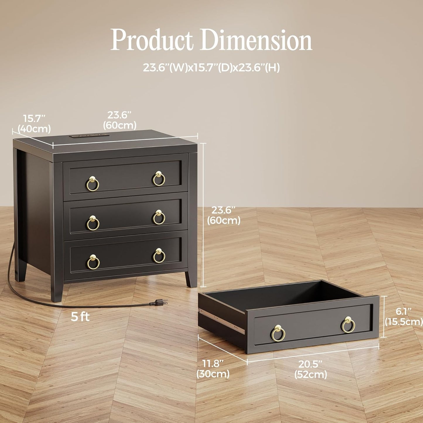 Huuger 23.6 Inch Night Stand with Charger Station and USB-C Port, 3 Drawer Nightstand, Larger Wider Bedside Table, Modern Side End Table, for Bedroom, Black Nightstand