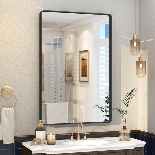 24x36 Inch Black Metal Framed Mirror for Bathroom, Matte Black Vanity Mirror, Rounded Rectangle Bathroom Mirror, Anti-Rust, Shatterproof (Horizontal/Vertical)