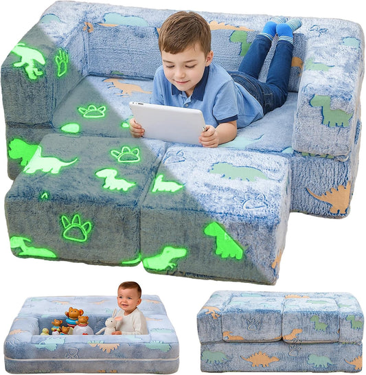 Lamerge Toddler Couch Glow in The Dark Toddler Fold Out Couch for playroom, Convertible Baby Fold Out Play Foam and Floor Cushion for Bedroom (Blue+Dinosaur)