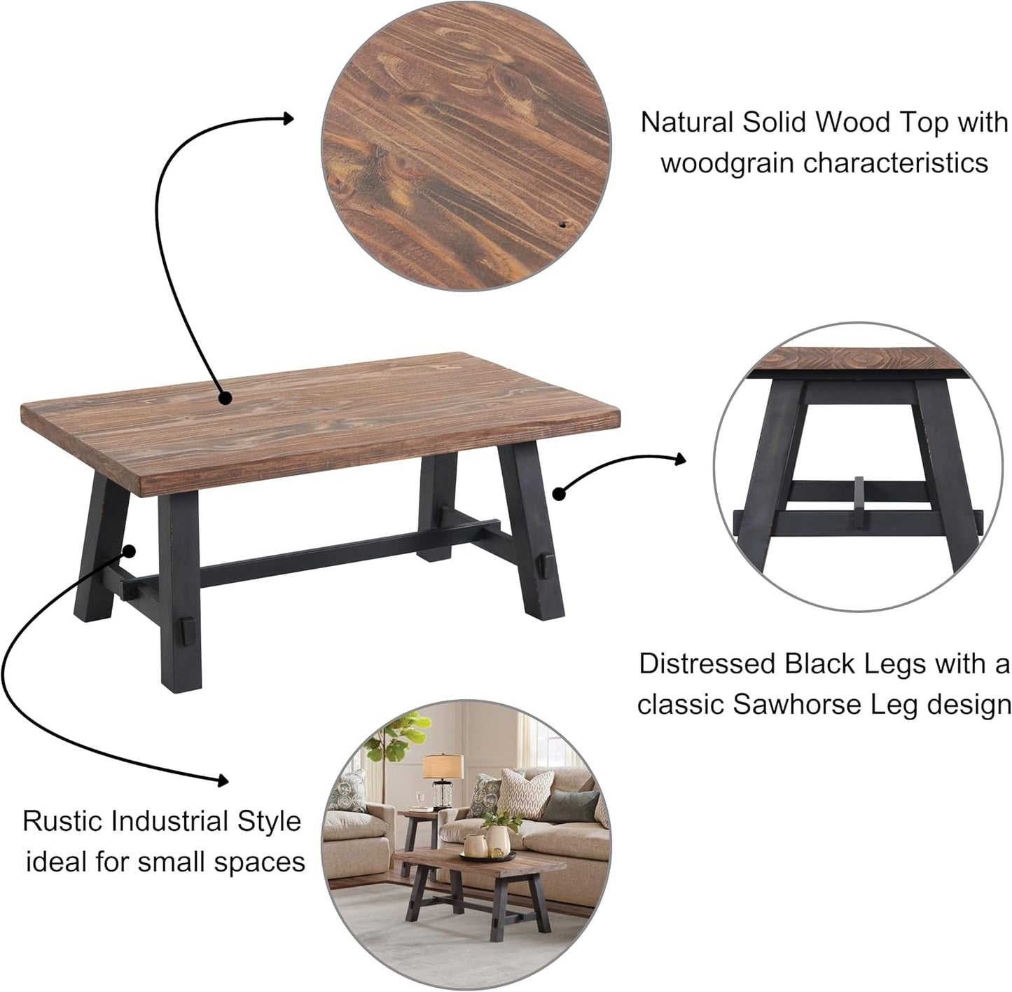 Alaterre Furniture Adam 42-Inch Solid Wood Rustic Coffee Table - Easy Assembly Industrial Style with Natural Finish Living Room Accent Furniture