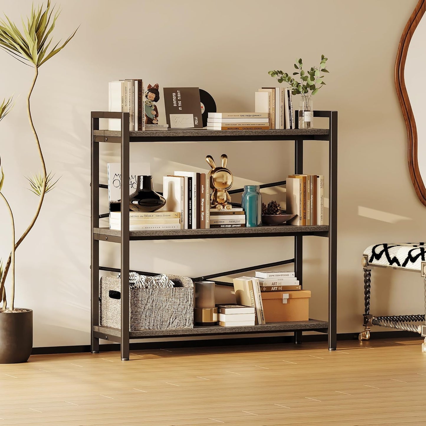 Book Shelf, 3 Tier Bookshelf 31.49" Width, Book Shelf Storage and Organization, Wooden and Metal Industrial Bookcase, Large Book Shelves for Home Living Room Bedroom Office Storage(Grey)