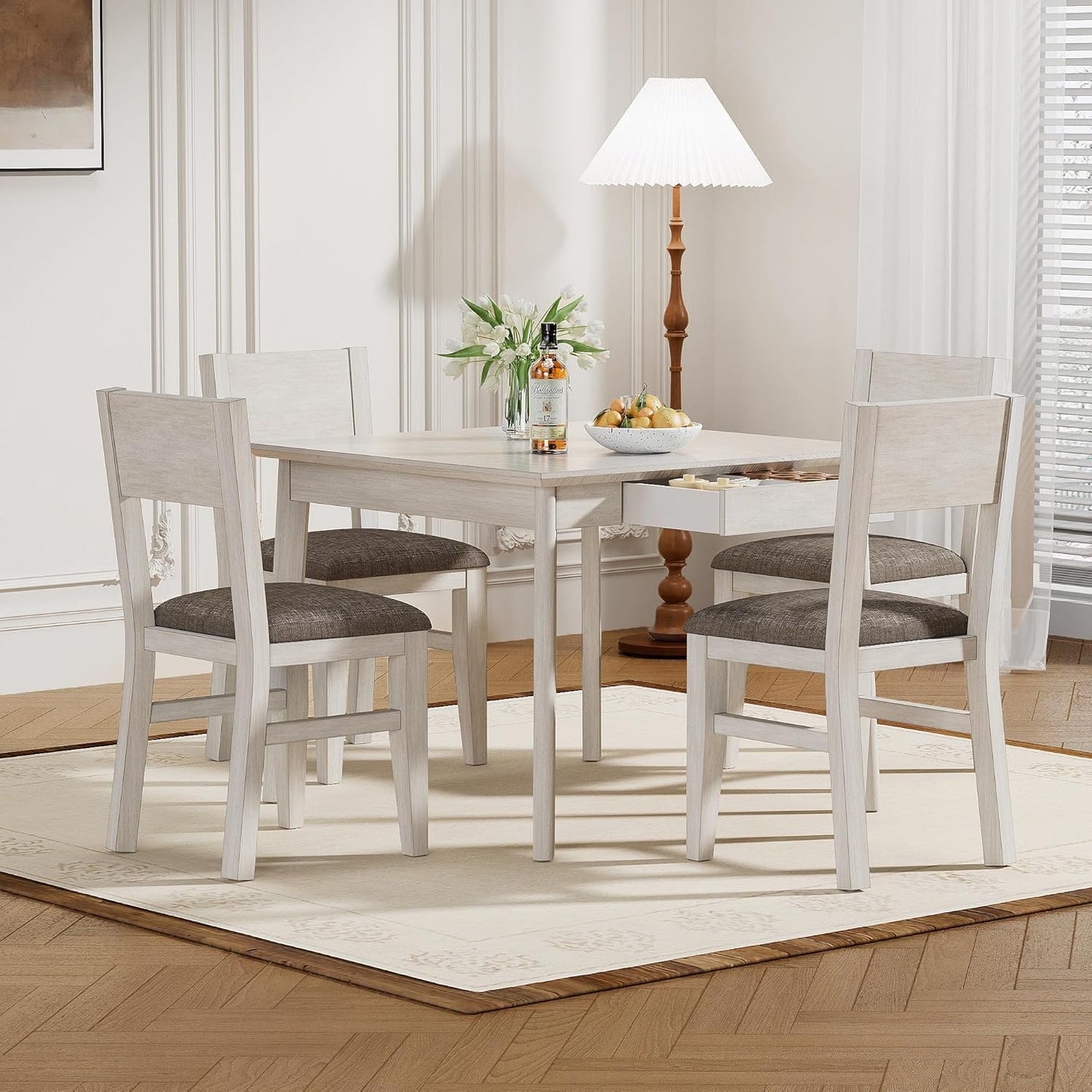 Solid Wood Dining Chairs Set of 4, Farmhouse Kitchen Chairs with Upholstered Cushion, Easy Assembly for Dining Room, Kitchen, Washed Gray