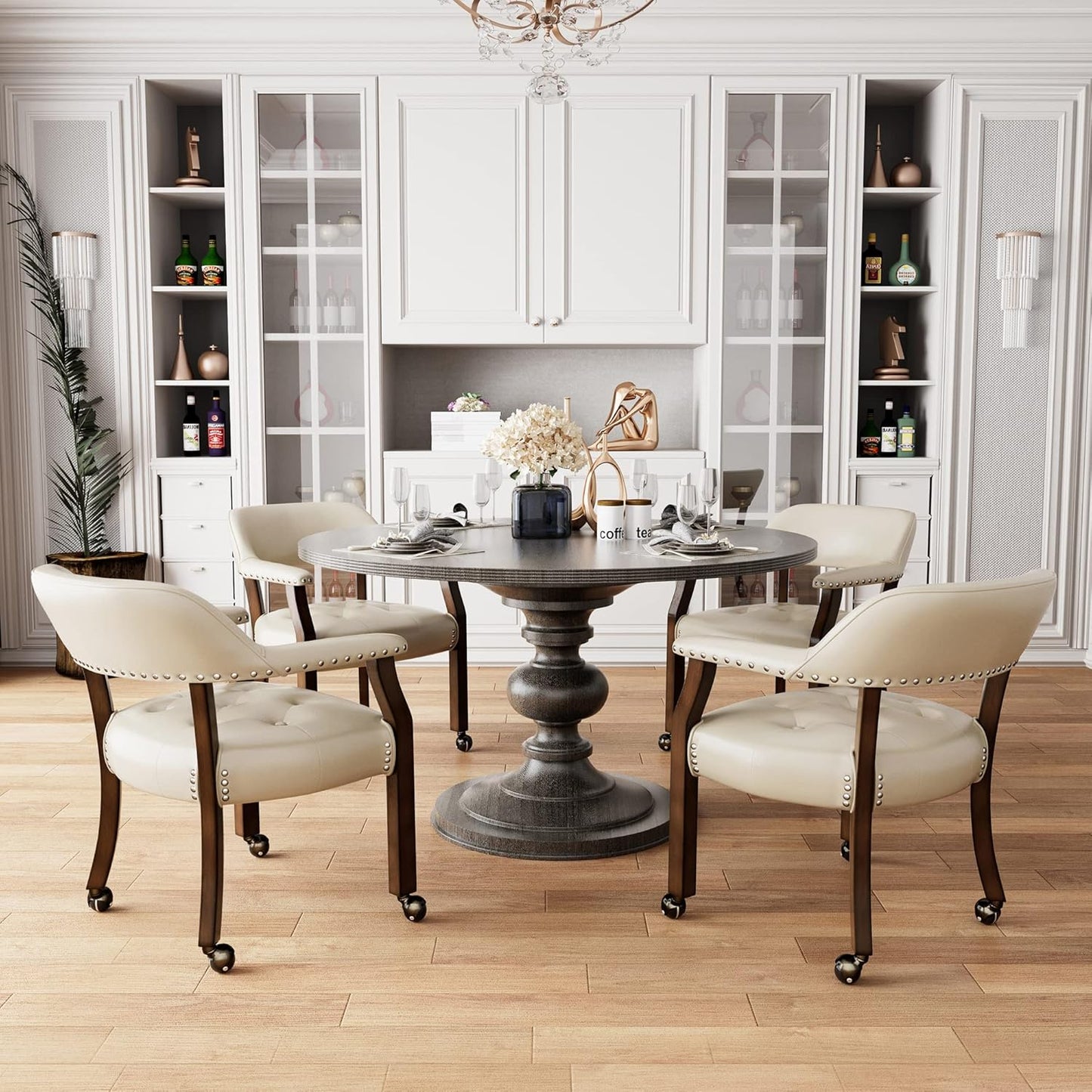 LEEMTORIG Large Dining Chairs with Casters and Arms, Rolling Dining Chairs with Wheels, Solid Wood Office Desk Chairs, 26“Dx25.2 Wx31.5“H, Espresso Legs & Beige PU, XXY-1910-BG