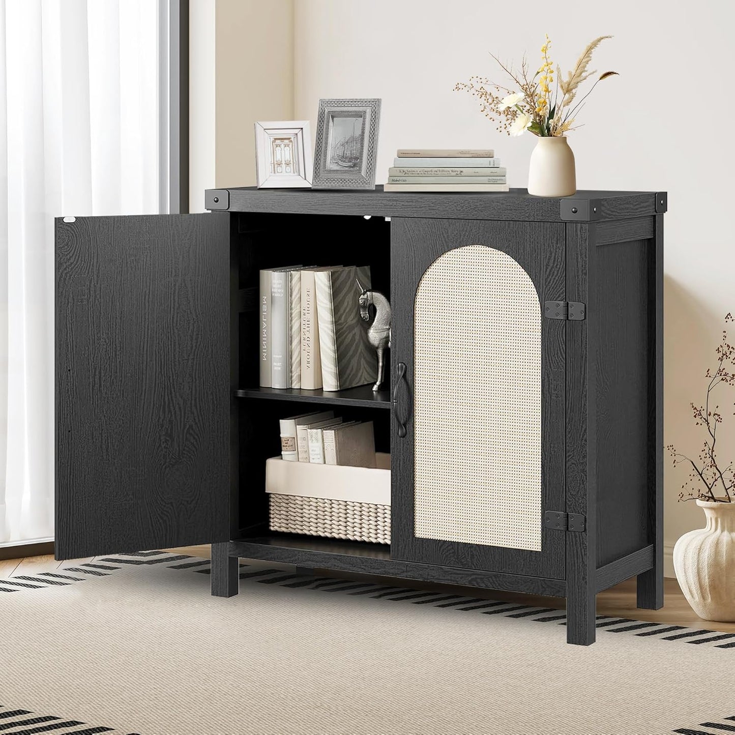IDEALHOUSE Rattan Buffet Cabinet with Storage, Sideboard with Synthetic Rattan-Accent Doors, Adjustable Shelves, Storage Cabinet for Living Room Dining Room Hallway, Black
