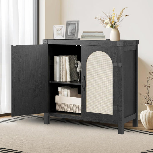 IDEALHOUSE Rattan Buffet Cabinet with Storage, Sideboard with Synthetic Rattan-Accent Doors, Adjustable Shelves, Storage Cabinet for Living Room Dining Room Hallway, Black