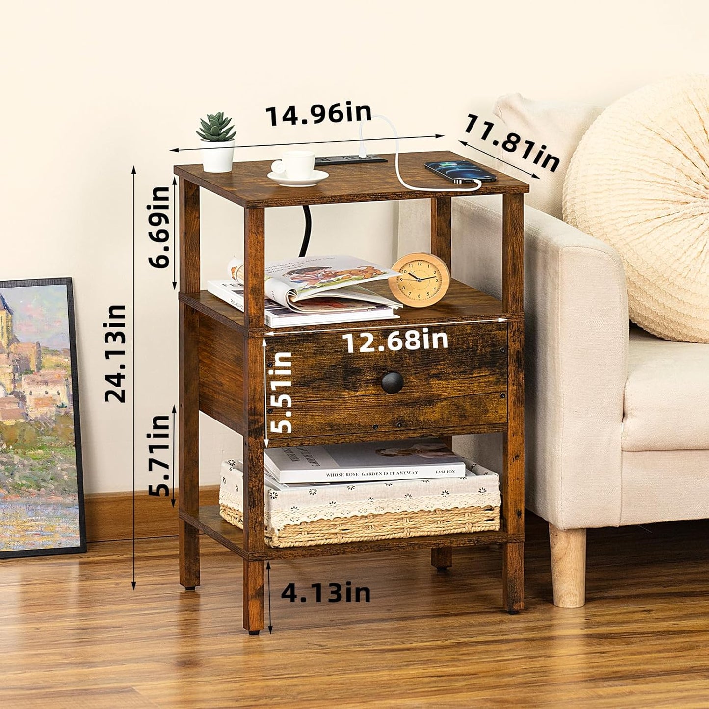 Lerliuo Nightstand Set of 2 with Charging Station and USB Ports, 3-Tier Storage End Table with Drawer Shelf, Night Stand for Small Spaces, Wood Bedside Table for Living Room, Bedroom-Brown