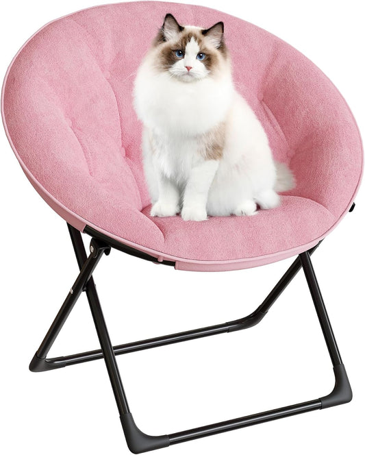 Saucer Chair with Faux Fur Cover - Foldable Moon Chair for Teens & Adults, Large Circle Seat Perfect for Bedroom, Living Room & Playroom, Soft Gaming Chair for Compact Spaces, Pink