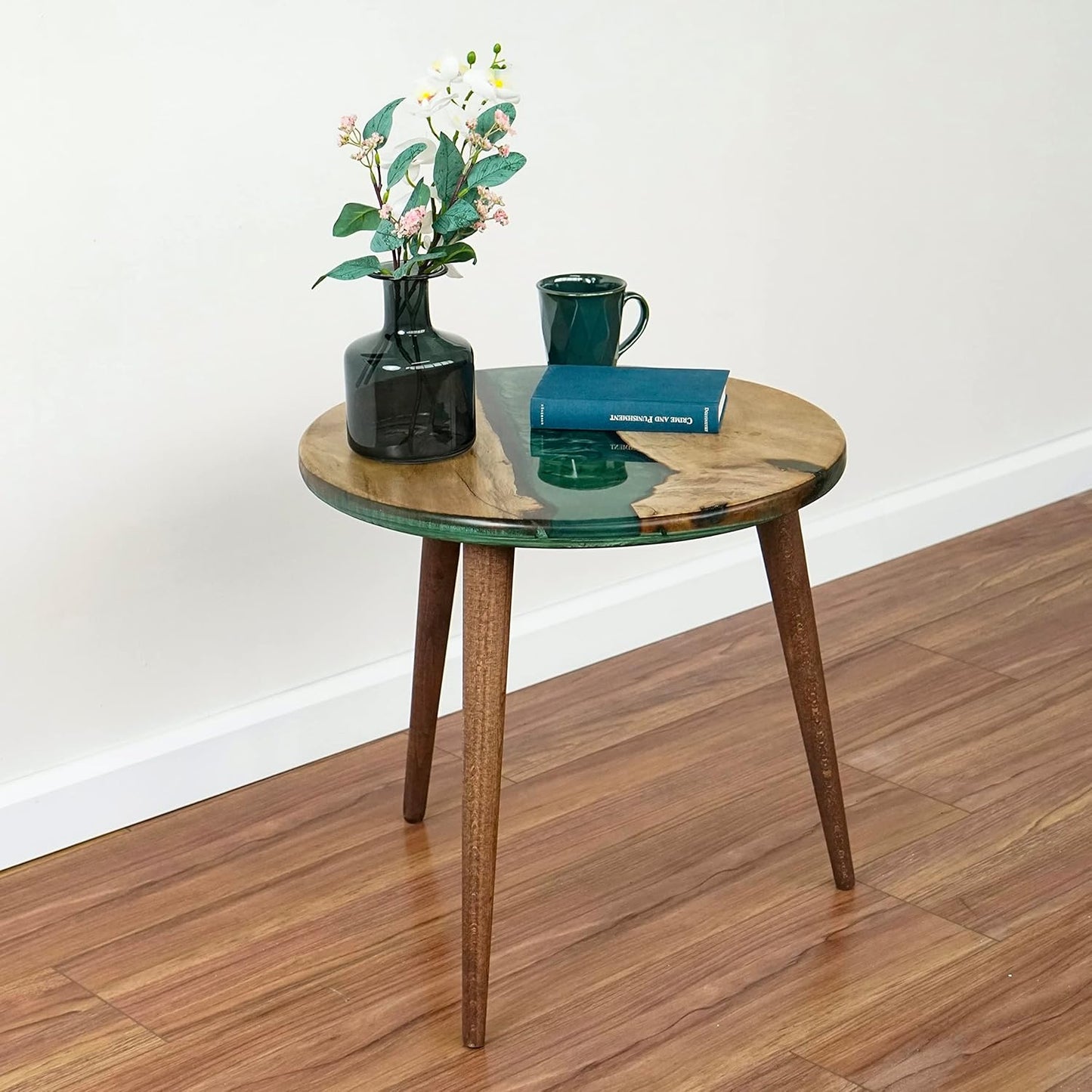 20" Resin Walnut Round Side Table | Epoxy End Table | Coffee Table | Mid Century Modern Resin Walnut | Living Room Furniture | Green Color