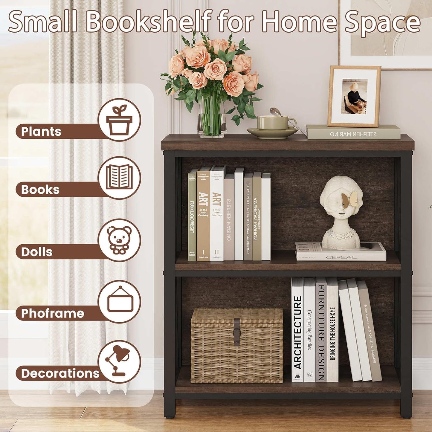 FATORRI Small Bookshelf, Rustic Book Shelf for Small Space, Low Short Bookcase, Industrial Wood and Metal Bookshelf and Bookcase for Living Room (Rustic Brown)
