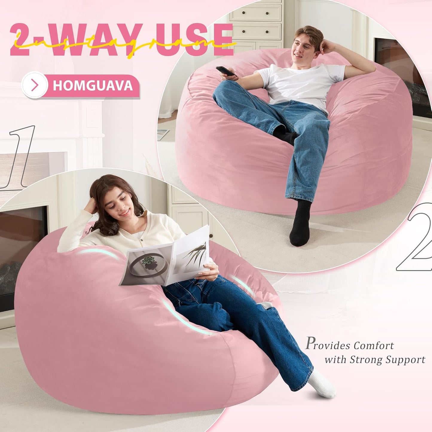 Homguava 4 FT Bean Bag Chair: 4' Bean Bags with Memory Foam Filled, Large Beanbag Chairs Soft Sofa with Dutch Velvet Cover-Light Pink