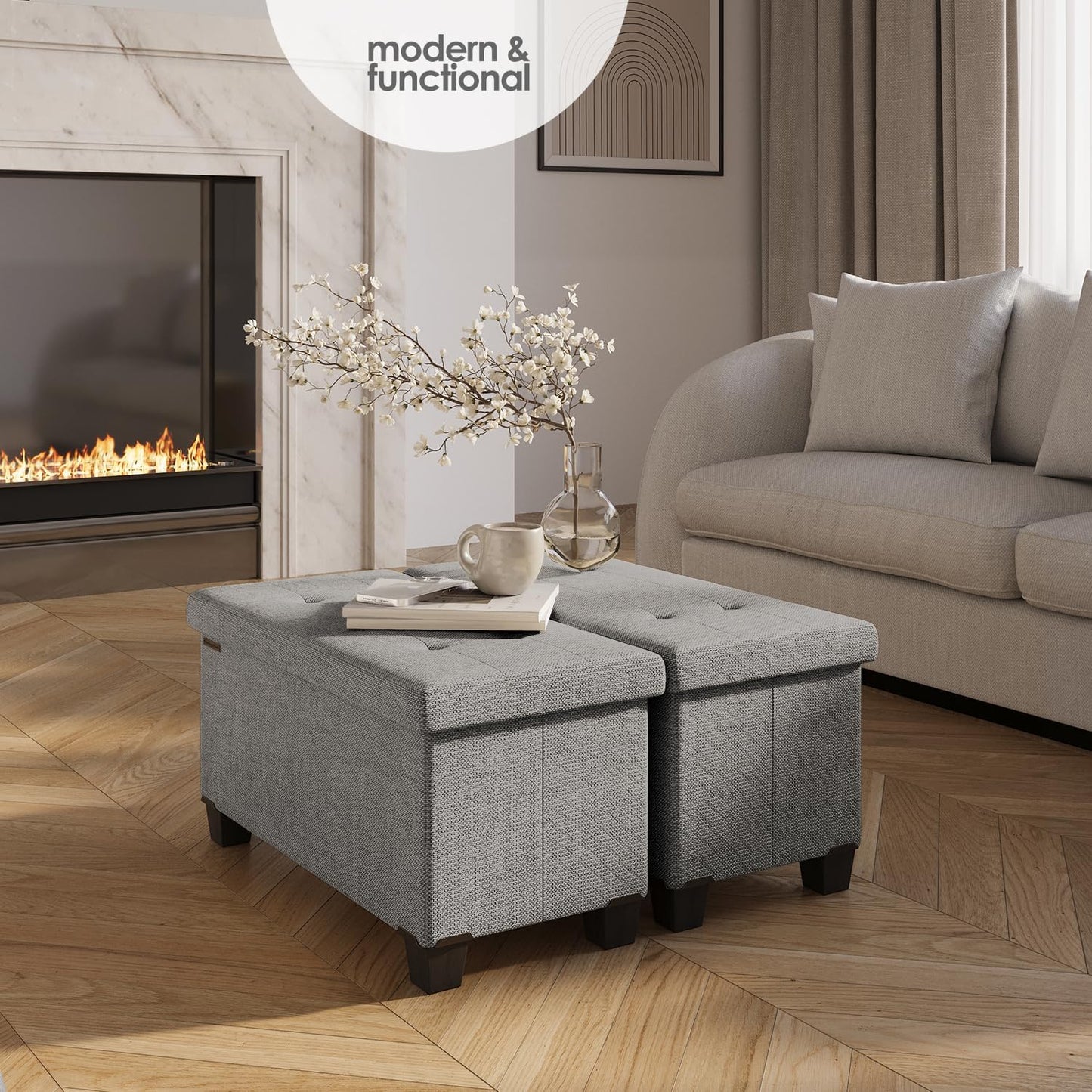 STORAGEBUD Storage Ottoman Bench with Bins, 30-in Storage Bench for Bedroom End of Bed, Folding Foot Rest Ottoman for Living Room Max 660lbs, Fabric Ottomans, Light Grey