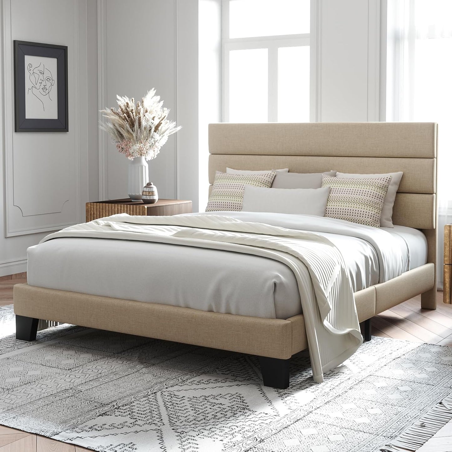 Allewie Full Size Platform Bed Frame with Fabric Upholstered Headboard and Wooden Slats Support, Fully Upholstered Mattress Foundation/No Box Spring Needed/Easy Assembly, Beige