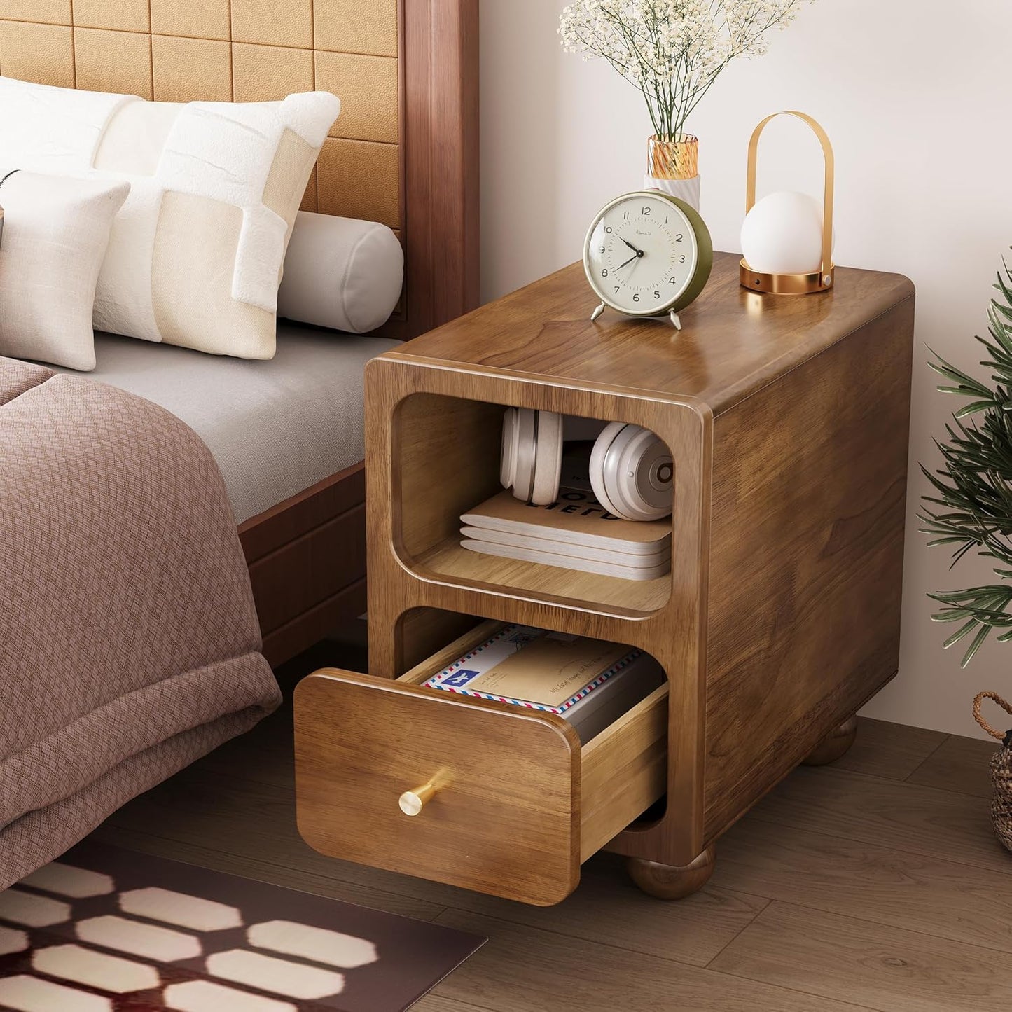 Solid Wood Nightstand, Narrow Night Stand with Drawers, Walnut Mid Century Modern Nightstand, Small Beside Table with Open Storage Shelf for Bedroom (12 inch)