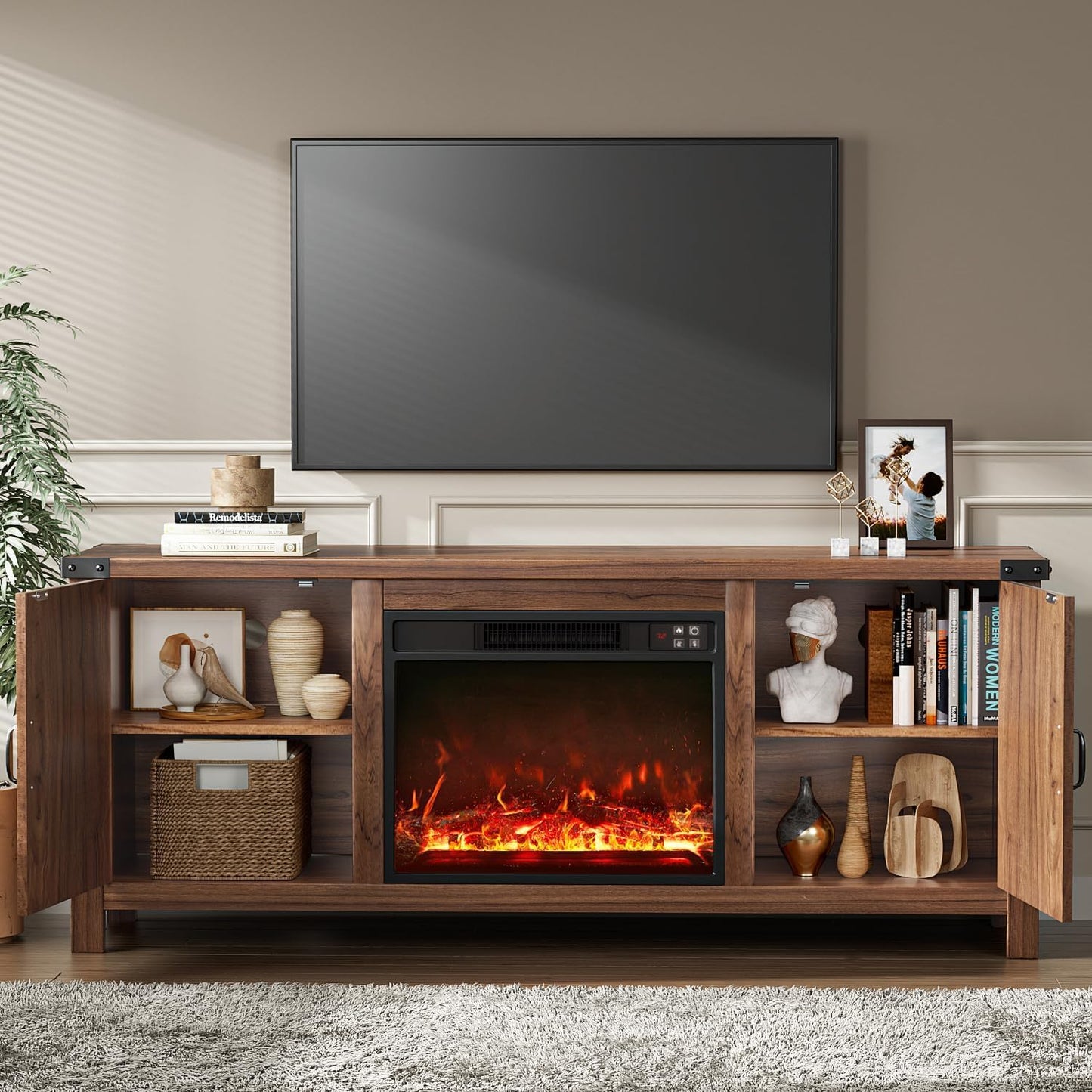YESHOMY Fireplace TV Stand with Two Barn Doors and Storage Cabinets for Televisions up to 65+ Inch, Entertainment Center Console Table, Media Furniture for Living Room, 58 Inch, Brown