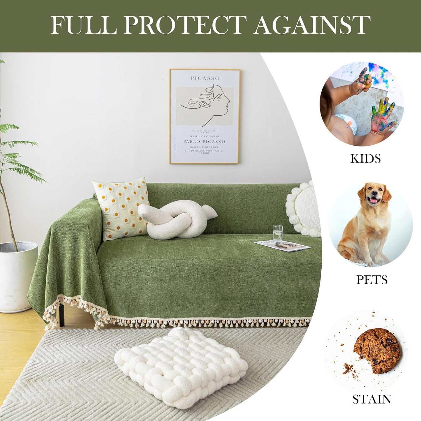 HANDONTIME Green Sofa Cover Vintage Couch Cover for Dogs 91" X134" Couch Cushion Covers with Tassel Herringbone Sofa Cover Boho Sofa Covers for 3 Cushion Couch Chenille Soft Loveseat Sofa Covers