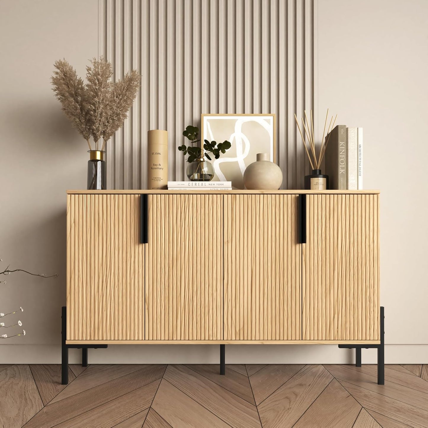 4 Doors Sideboard Buffet Cabinet with Adjustable Shelves, Modern Accent Sideboard with Golden Legs, Wide Storage Cabinet for Kitchen, LivingRoom,Natural