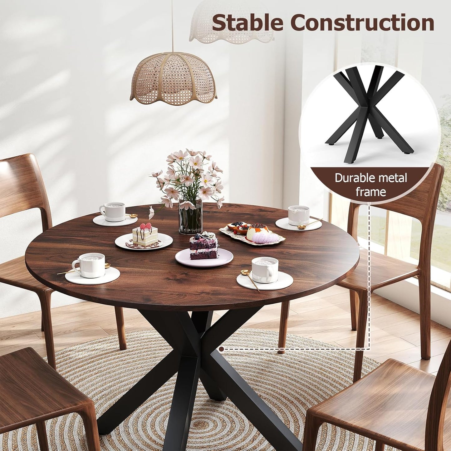 Round Dining Table, 42" Kitchen Dining Table for 4-6, Small Round Table with Metal Cross Legs, Modern Round Dining Room Table for Kitchen, Apartment, Living Room, Brown