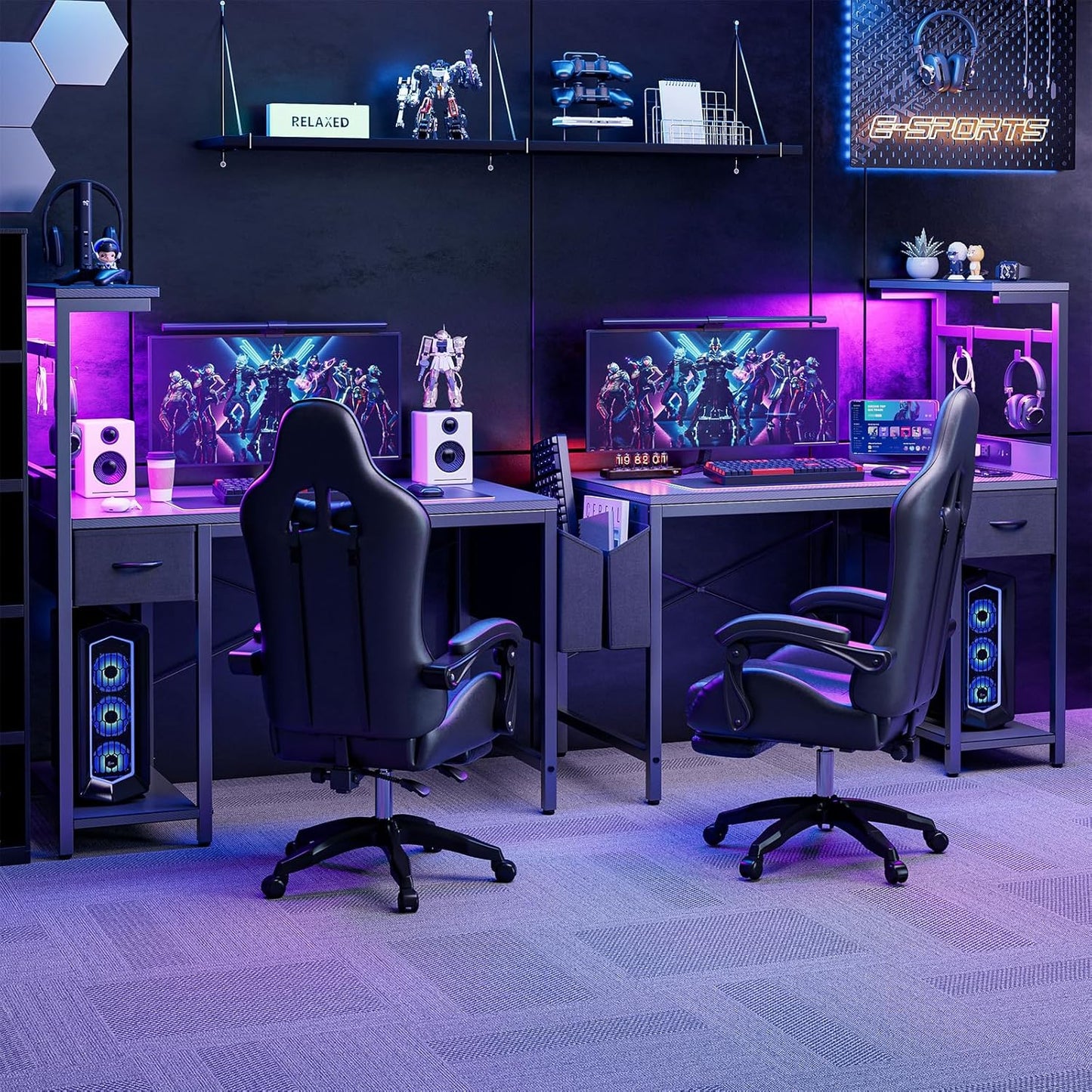 Gaming Desk 47 Inch with Power Outlet and LED Light, Computer Desk with Reversible Shelves and Storage Drawer, Pc Small Desk for Home Office Table with Bag, Carbon Fiber Grey