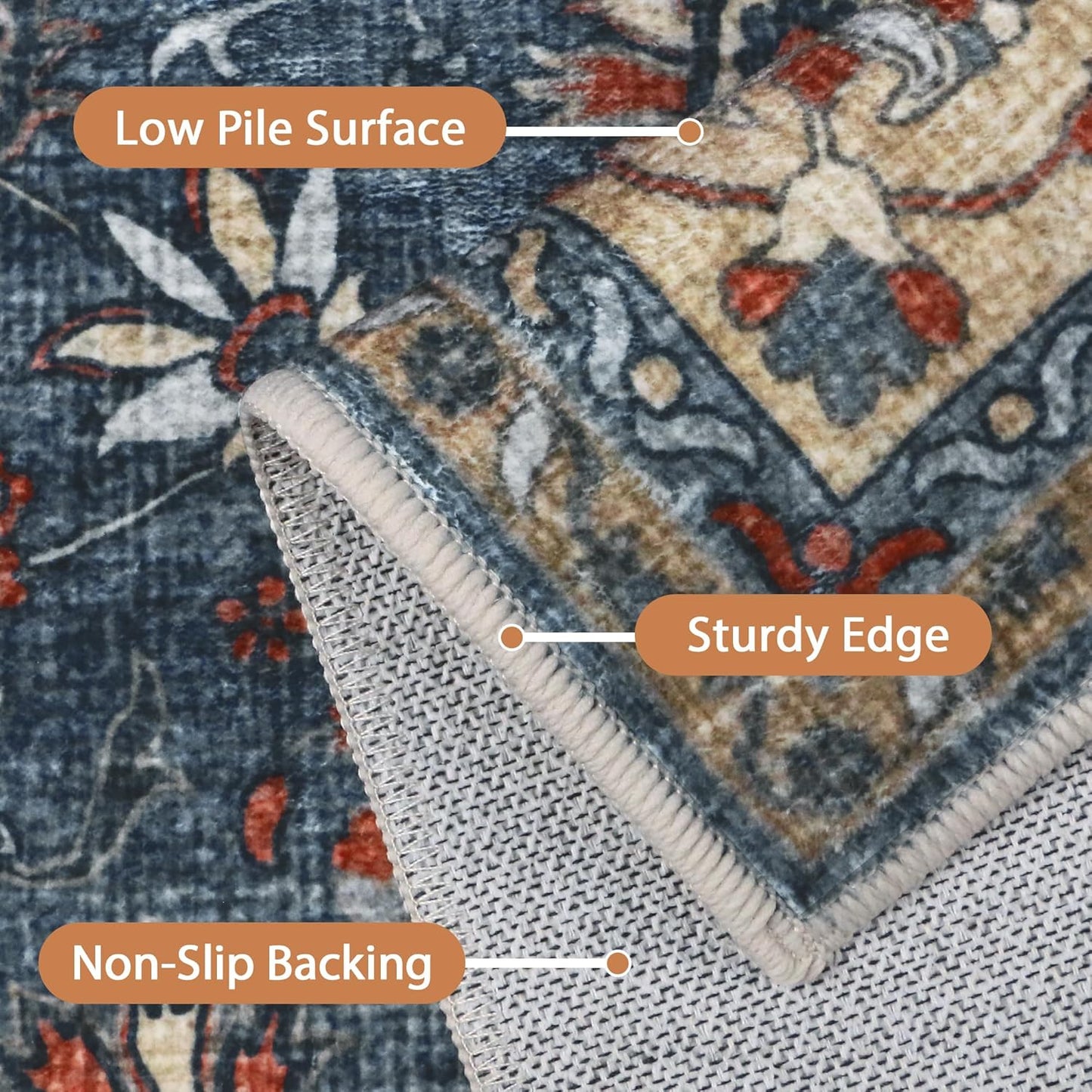 8X10 Area Rugs Machine Washable Rugs for Living Room, Vintage Boho Large Rugs for Bedroom Dining Room, Non Slip Indoor Soft Distressed Lightweight Thin Low Pile Carpet, Indigo