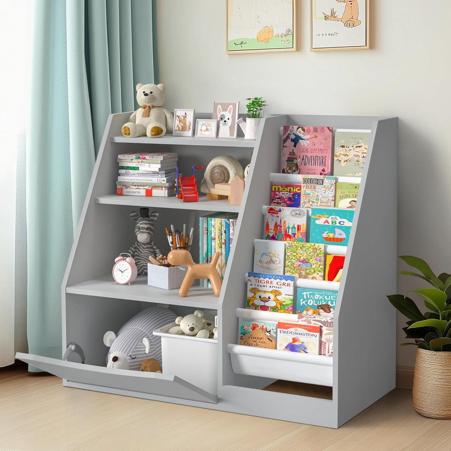 TOETOL Kids Bookshelf & Book Storage,3 Tier Wooden Toddler Bookshelf for Children,Nursery Book Shelves with 6 Sling,Organizer & Book Shelf for Kids Rooms,Bedroom,Playroom Gary