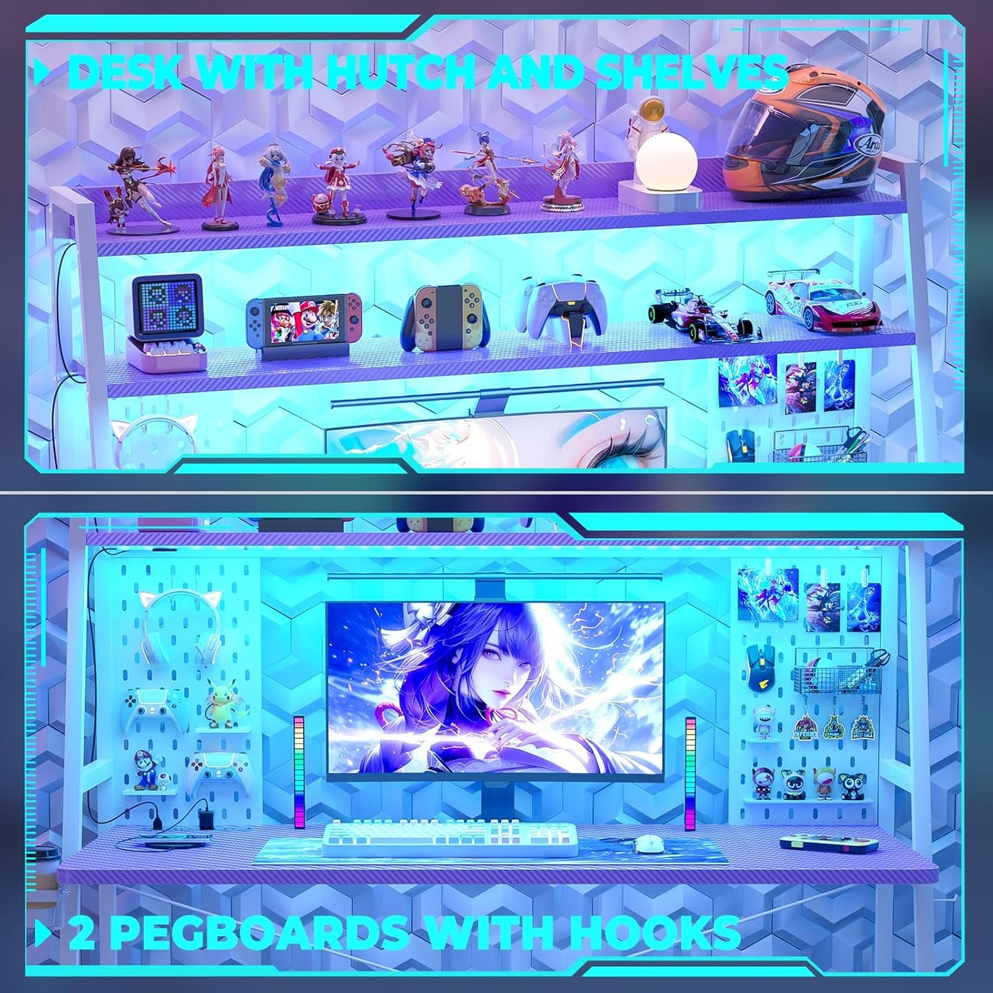 Gaming Desk with Hutch and LED Lights, Gaming Computer Desk with Power Outlets, Gamer Desk with Storage Shelves, PC Gamings Desk with Pegboards for Bedroom, Carbon Fiber Purple, 49"