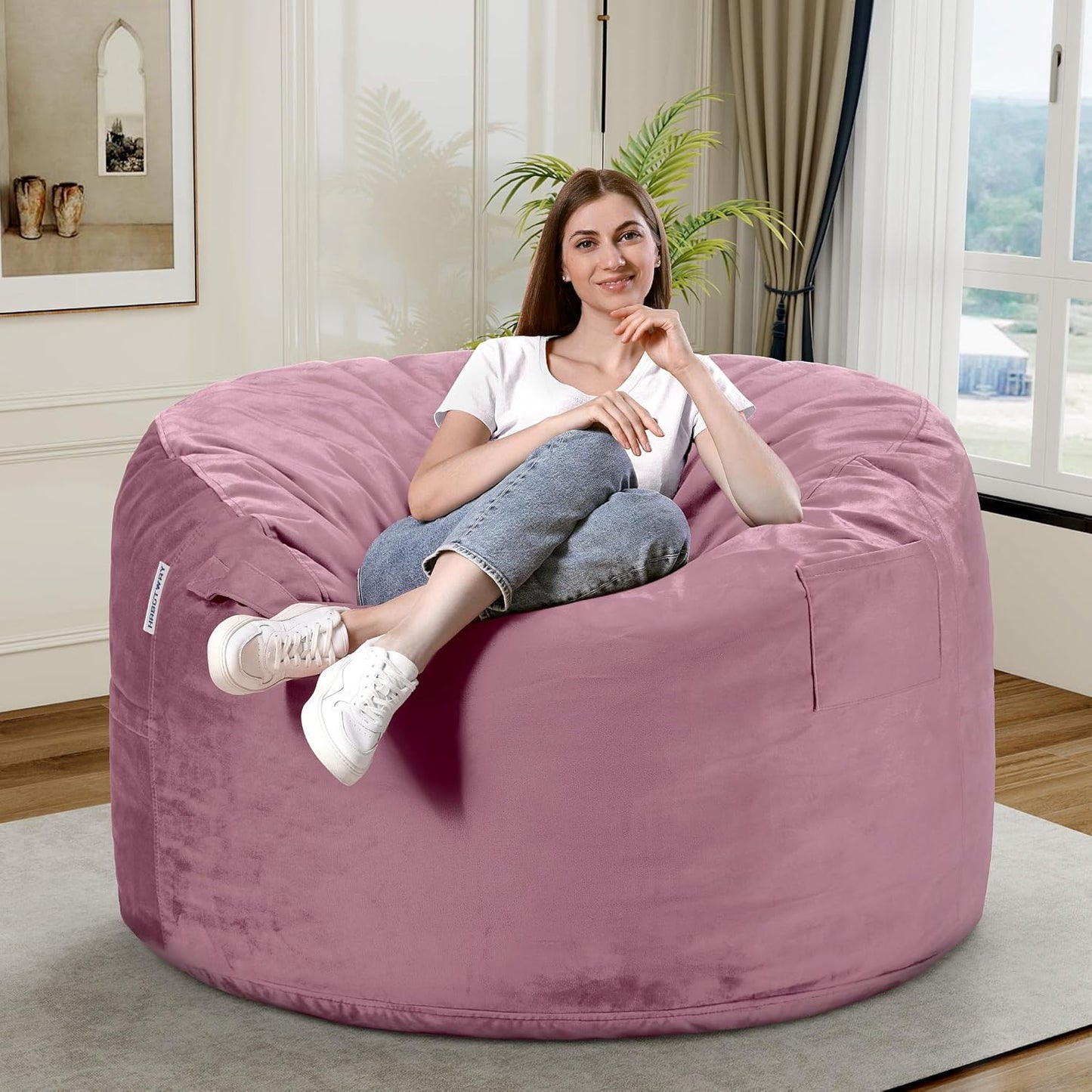 HABUTWAY Bean Bag Chair 3Ft Luxurious Velvet Ultra Soft Fur with High Rebound Memory Foam Bean Bag Chairs for Adults Plush Lazy Sofa with Fluffy Sponge 3' (Soft Pink)