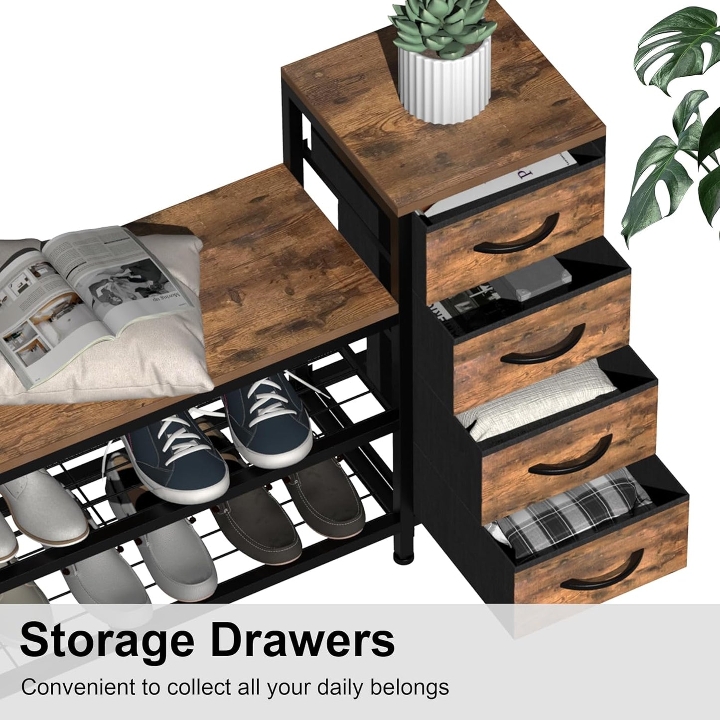 EXOTICA 3-Tier Shoe Storage Bench Industrial Entryway Shoe Rack with 4 Drawers and Seating Shoe Shelf Storage Cabinet for Hallway Front Door Doorway Living Room Mudroom Steel Frame