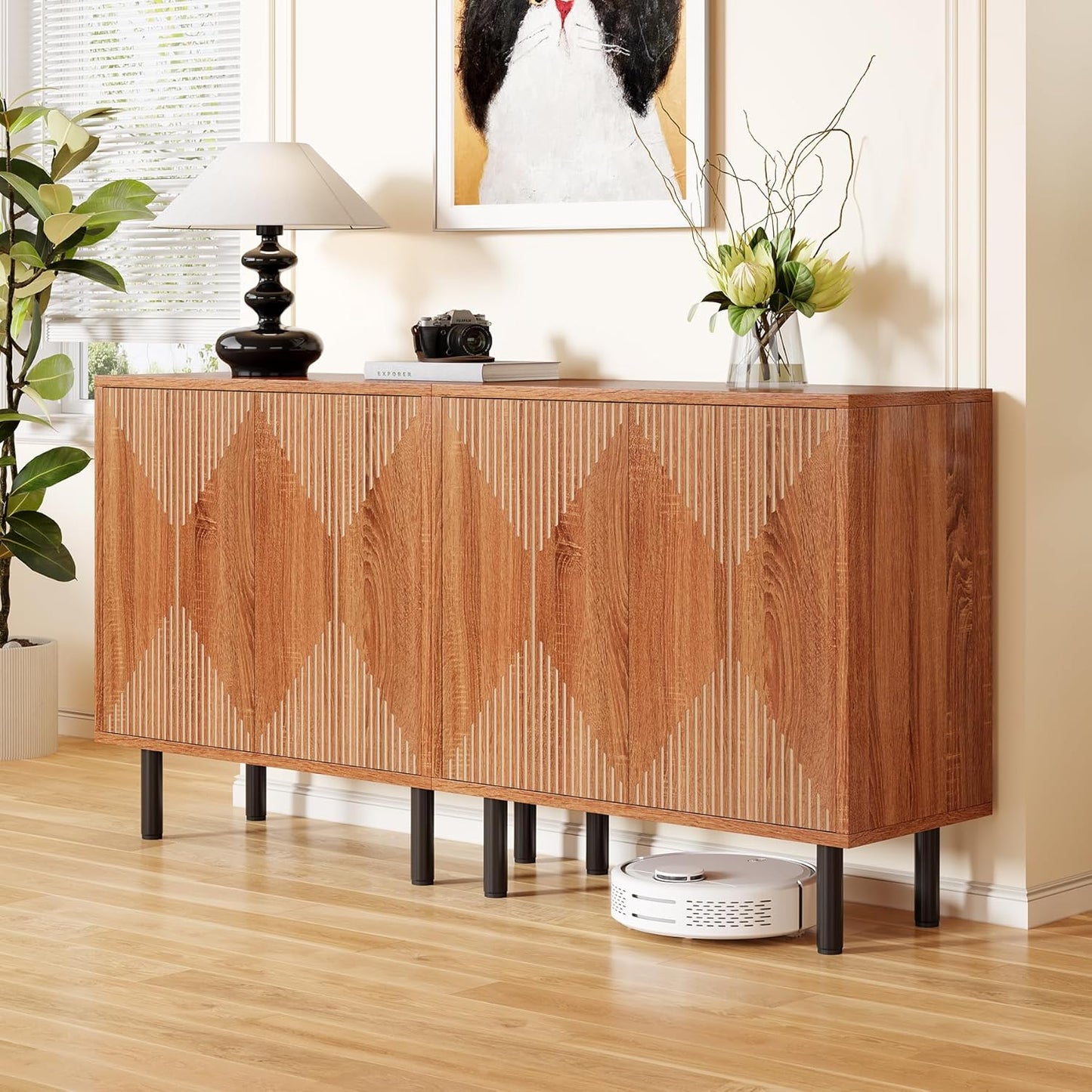 LITTLE TREE 59 Inches Long Sideboard Buffet Cabinet, Vintage Storage Cabinet with 4 Doors, Large Coffee Bar Cabinets for Kitchen, Cupboard Console Cabinets, Old Rose Color