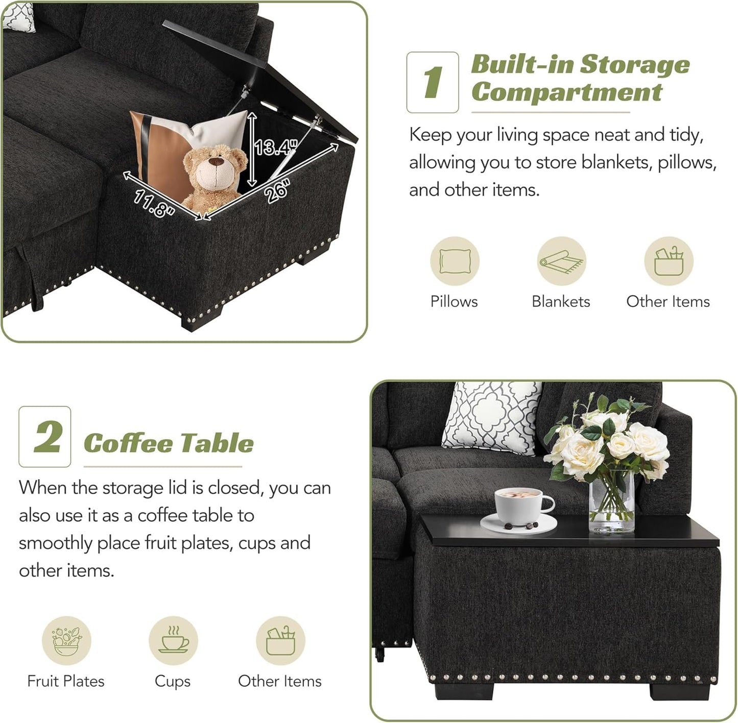 Merax Modern 83.8" Sectional Couch Bed with Storage Chaise/USB Ports/Cup Holder, L-Shape Pull Out Sleeper Sofa for Living Room, Black