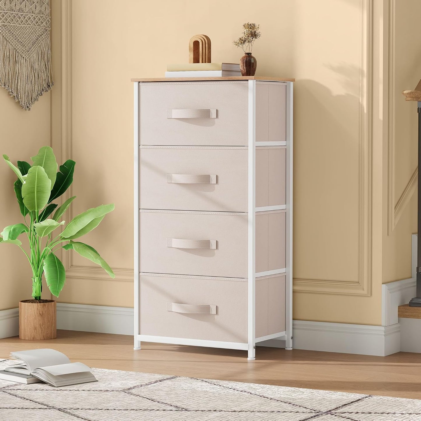 DWVO Storage Tower with 4 Drawers - Fabric Dresser, Organizer Unit for Bedroom, Living Room, Closets - Sturdy Steel Frame, Easy Pull Fabric Bins & Wooden Top (Cream White)