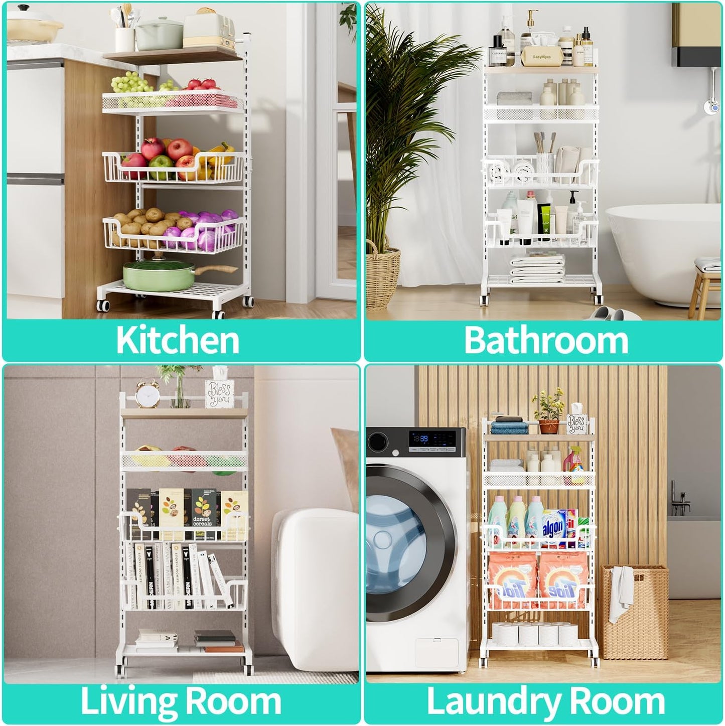 HapiRm Fruit Basket Kitchen Cart - 5 Tier Adjustable Vegetable Storage Rack, Large Capacity Rolling Kitchen Carts on Wheels for Snack Onion and Potato Storage