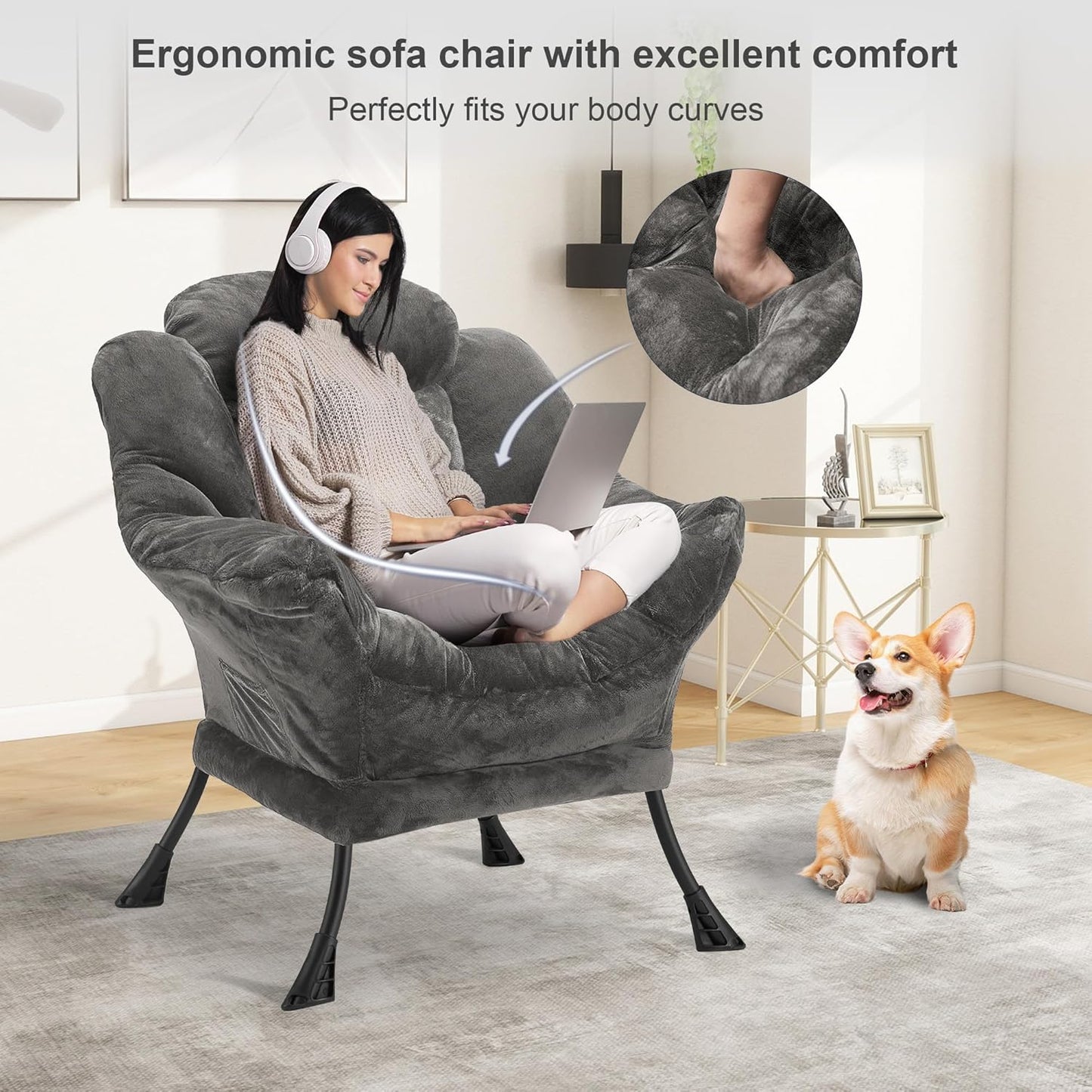 Fabric Lazy Chair for Adults, Oversized Upholstered Sofa Chair, Plush Comfy Lounge Chair with Large Side Storage Pocket, Thick Padded Reading Chair for Living Room, Bedroom, Office, Dark Gray