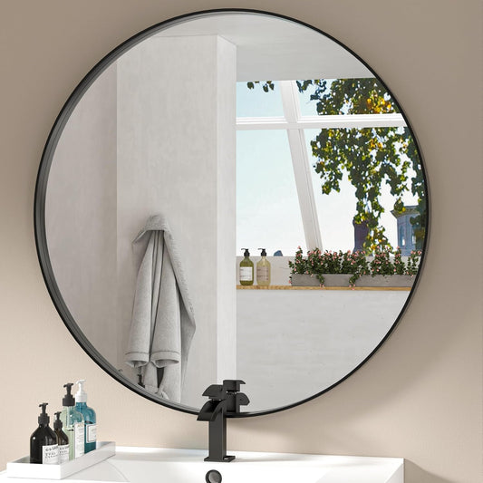 Hasipu Round Black Mirror 32 Inch Round Bathroom Mirror Metal Frame, Wall Mounted Circle Vanity Mirror Modern Decor (Horizontal/Vertical)