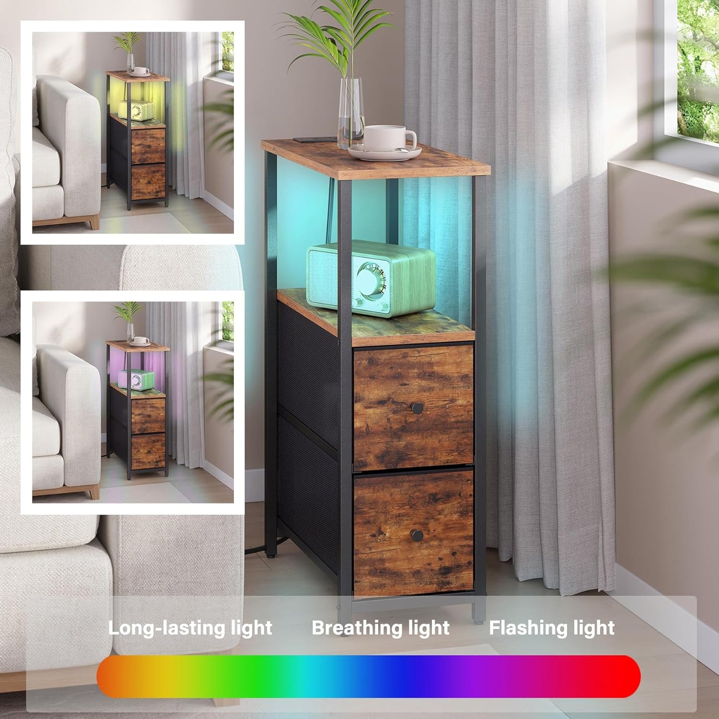 TUTOTAK Small Narrow LED End Table with Charging Station, Side Table Outlets, Nightstand with 2 Cloth Drawers, Set of 2, Couch Table, for Living Room, Bedroom, Bedside, Brown TB01BB056