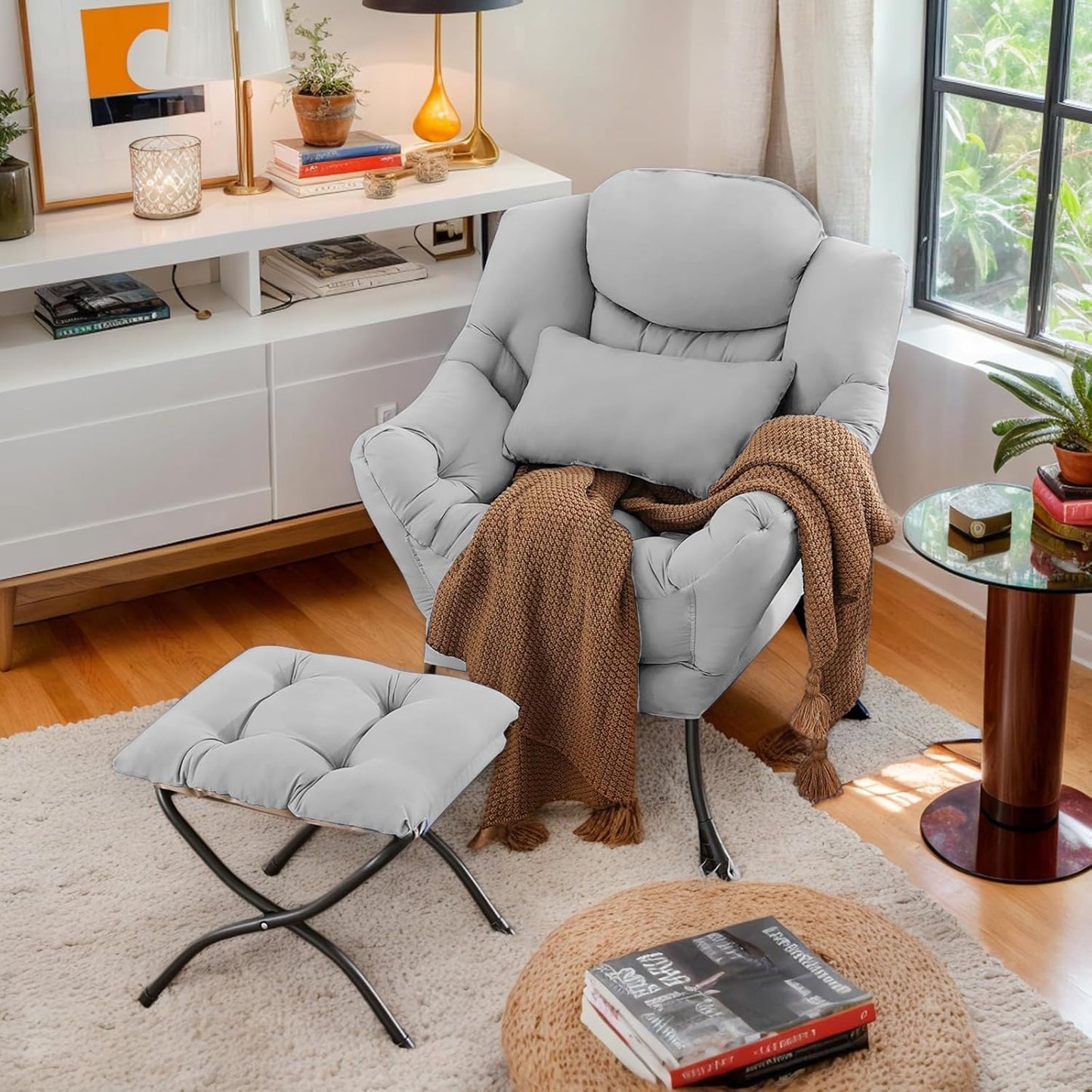Lazy Chair with Ottoman, Modern Lounge Chair with Lumbar Pillow, Accent Cozy Reading Armchair and Folding Footstool for Bedroom, Dorm, Living Room,Light Grey