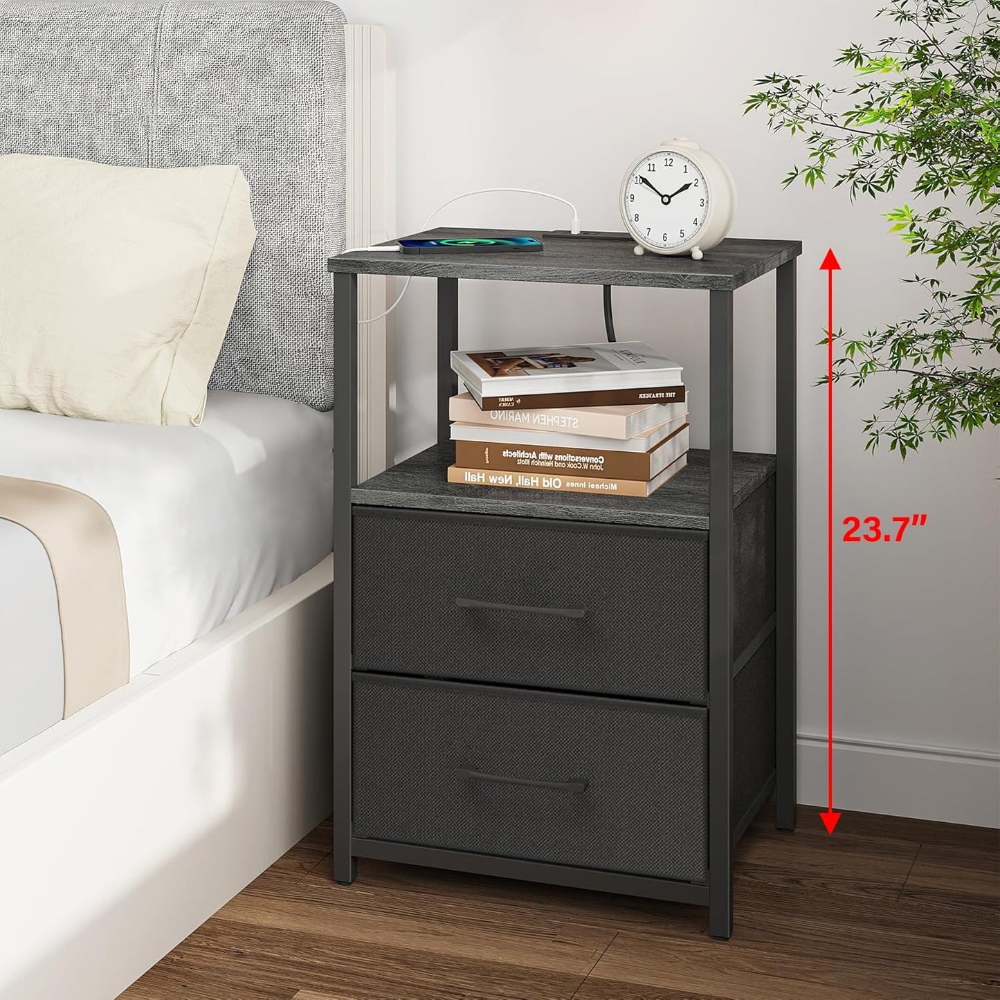 TUTOTAK End Table with Charging Station, Night Stand, Side Table with 2 USB Ports and Outlets, Nightstand with Cloth Drawer, Bedside Table for Livingroom, Bedroom Charcoal Grey TB01BY088