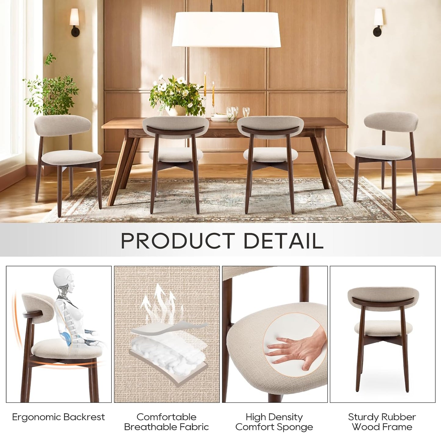 COLAMY Wooden Dining Chairs Set of 2, Modern Fabric Upholstered Kitchen Side Chairs, Farmhouse Dining Room Chair with Foot Pegs, Beige