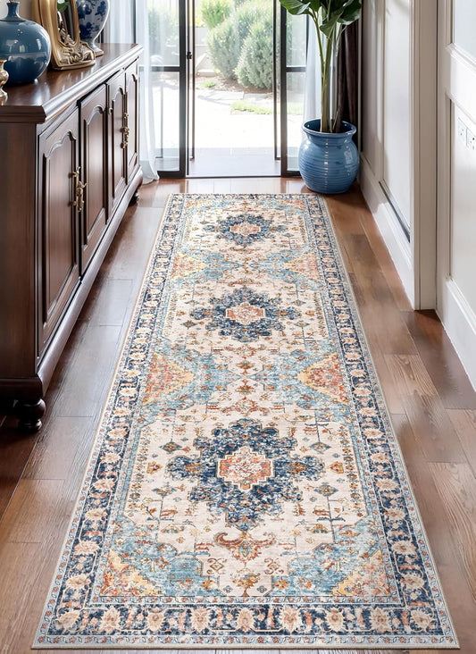Tangsoo 2.6x8 Washable Runner Rug for Hallways, Non Slip Vintage Rug, Soft Low Pile Long Runner, Blue Carpet Runners for Kitchen Bedroom Entryway Bathroom Living Room