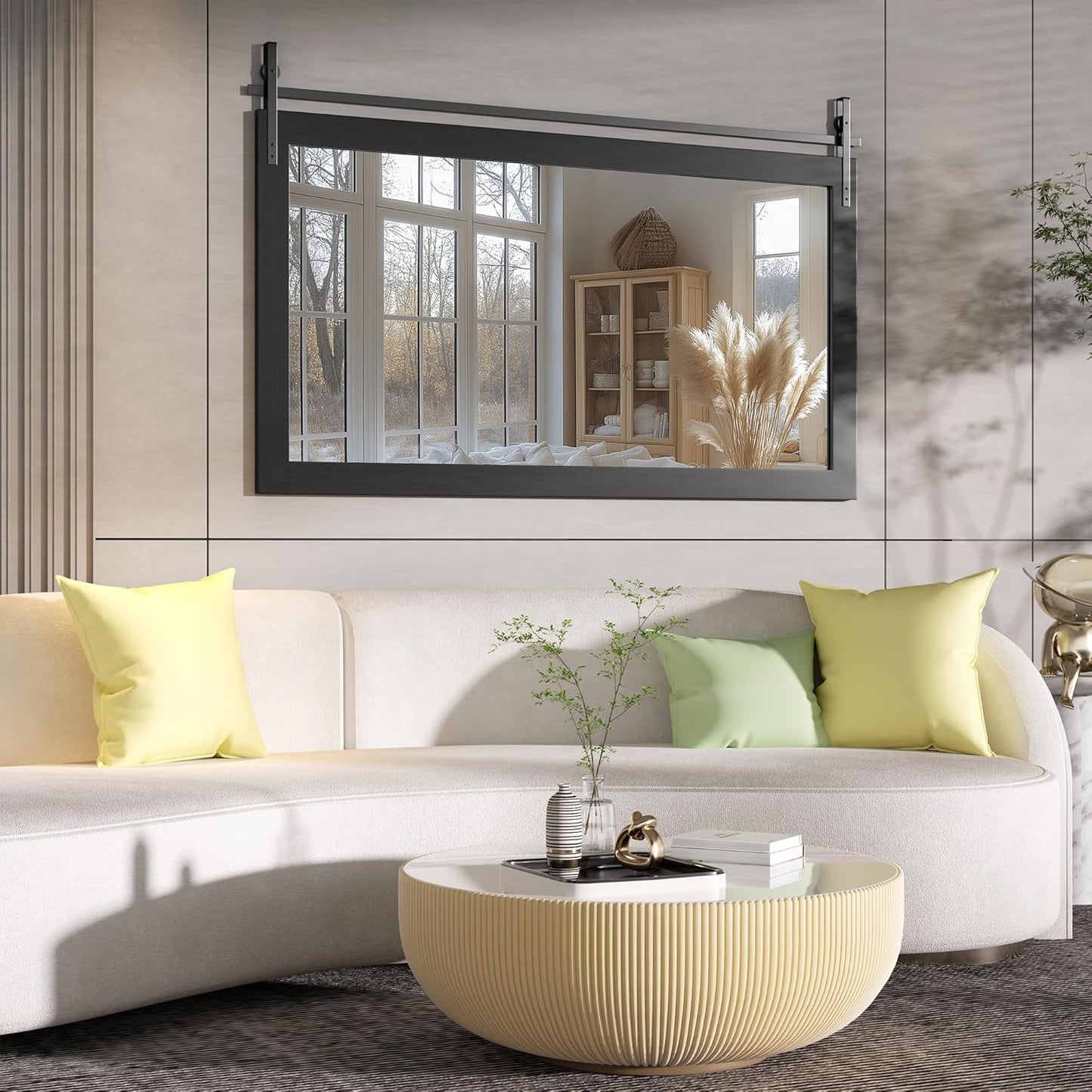 Hasipu Farmhouse Bathroom Mirror, 55"x36" Rustic Wood Framed Wall Mounted Mirror, Black Vintage Vanity Mirror Barn Door Style Decrative Mirrors