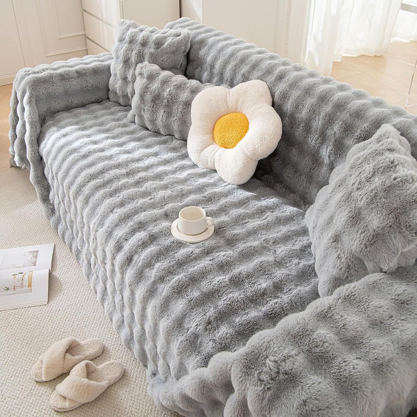 VM VOUGEMARKET Grey Couch Cover 1-Piece Universal Thick Faux Rabbit Fur Sofa Throw Cover Warm Soft Smooth Loveseat Cover Furniture Cover,Fluffy Plush Throw Blanket- Grey,71" x 118"