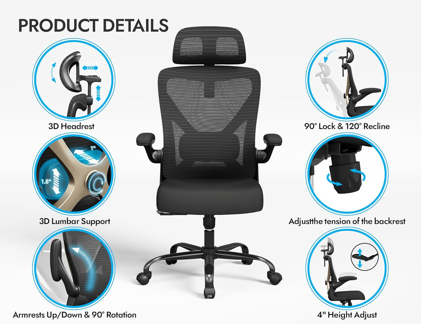 Ergonomic Office Chair-Mesh Computer Desk Chair Comfy, High-Back Gaming Chairs with 3D Headrest & Lumbar Support, Executive Task Chair for Adults, Comfortable for Long Hours
