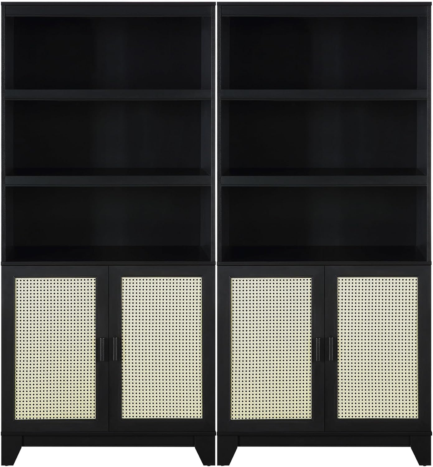 Manhattan Comfort Sheridan Modern Cane Bookcase with Adjustable Open Shelves, Soft Close Doors, and Concealed Compartments, Versatile 3 Tier Bookshelf Storage for Home and Office, Set of 2, Black