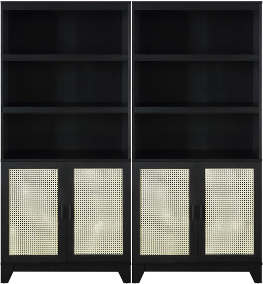 Manhattan Comfort Sheridan Modern Cane Bookcase with Adjustable Open Shelves, Soft Close Doors, and Concealed Compartments, Versatile 3 Tier Bookshelf Storage for Home and Office, Set of 2, Black