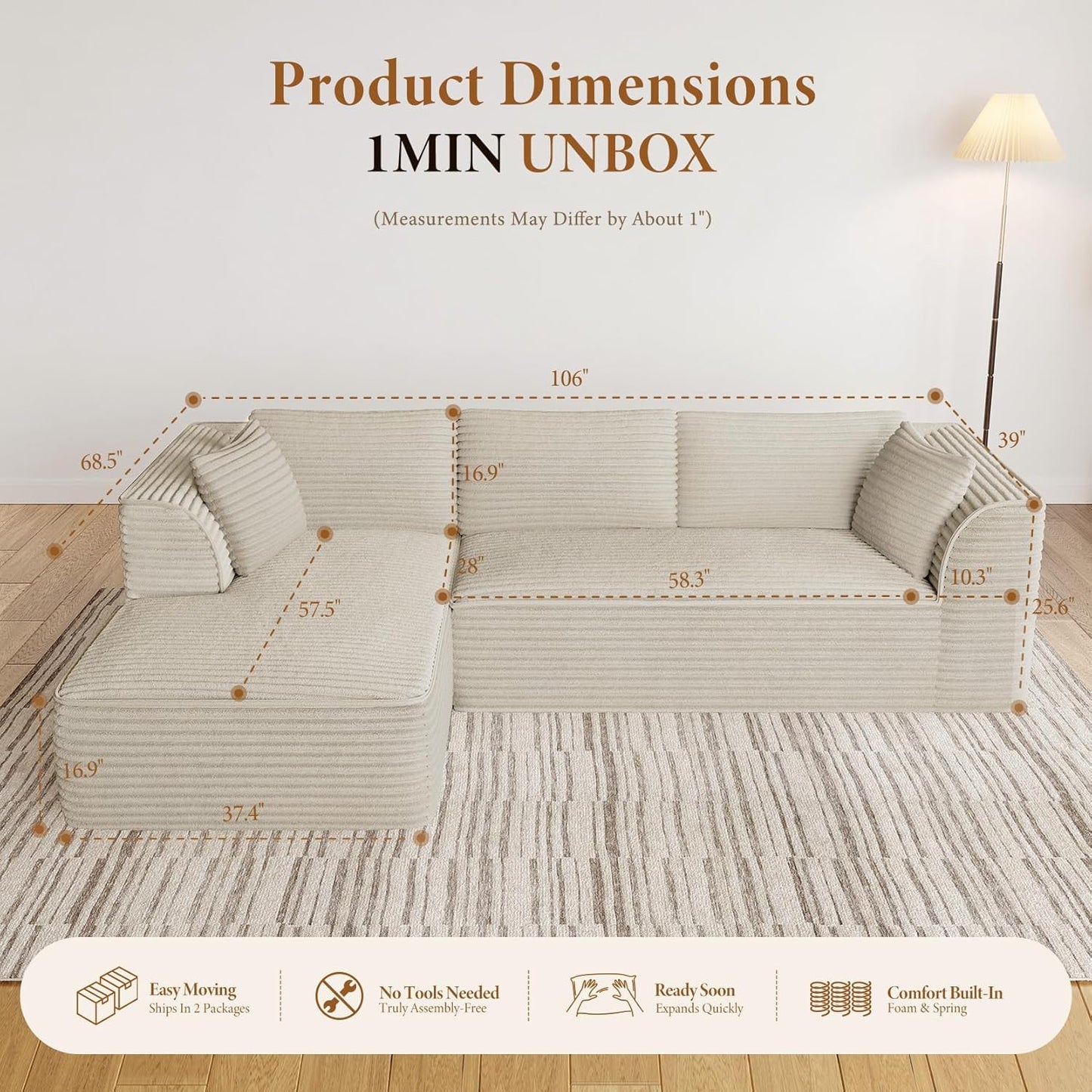 Vesgantti 106" Boneless Couch with Chaise, Deep Seat Comfy Cloud Modular Sofa Corduroy Memory Foam Sectional Couches for Living Room Bedroom, No Assembly Required (Camel, Left-Facing Chaise)