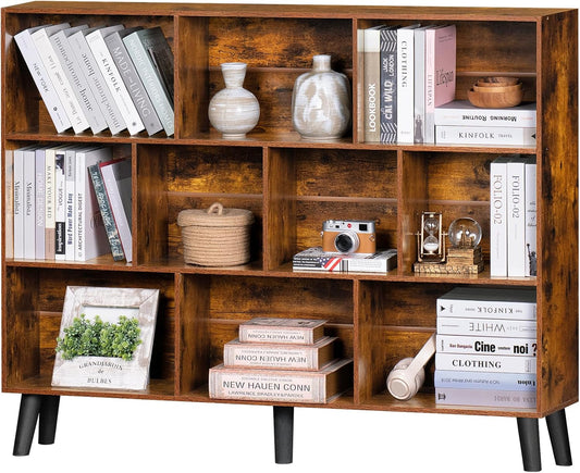 LEYAOYAO 10 Cube Bookshelf, 3 Tier Vintage 55.12" Wide Bookcase with Legs, Mid-Century Wood Bookshelves Storage, Brown Large Book Case, Freestanding Organizer Display Shelf for Living Room, Office